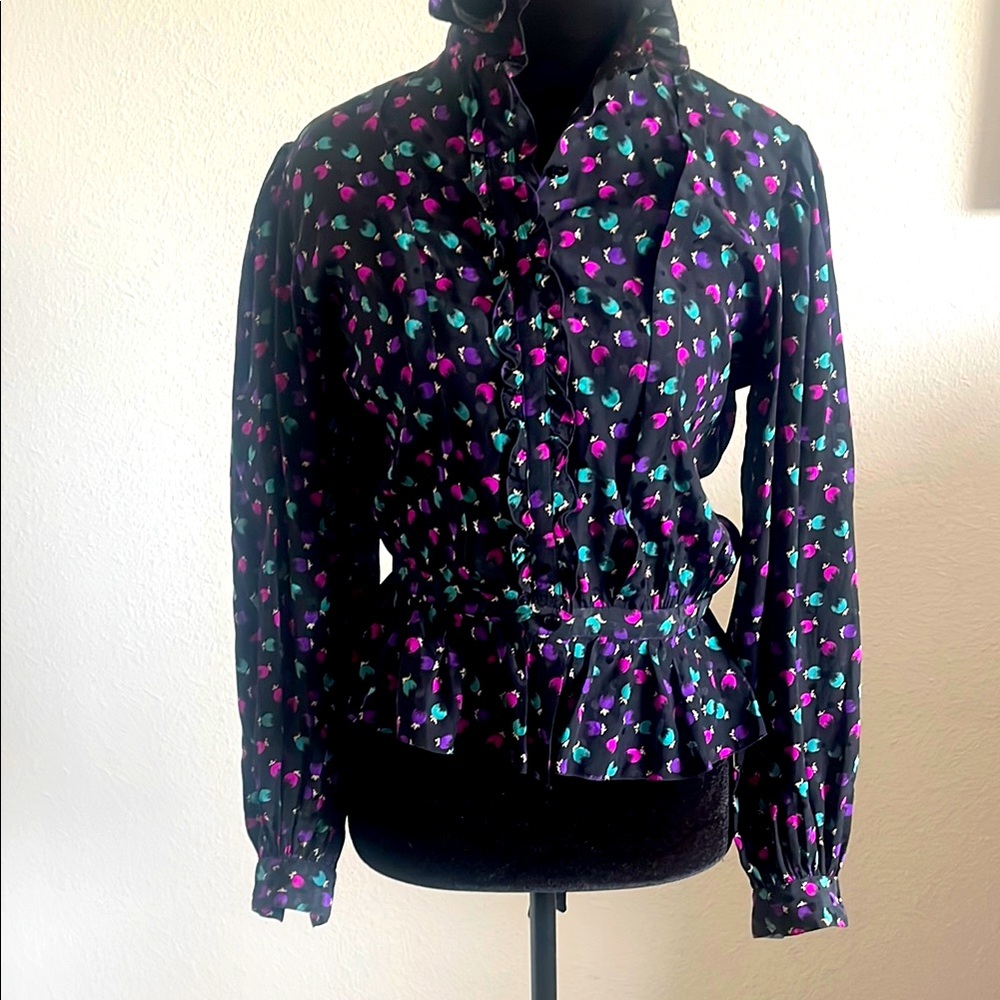 Emanuel Ungaro Vintage 80s Black Floral Ruffle Blouse button up, w/self neck bow